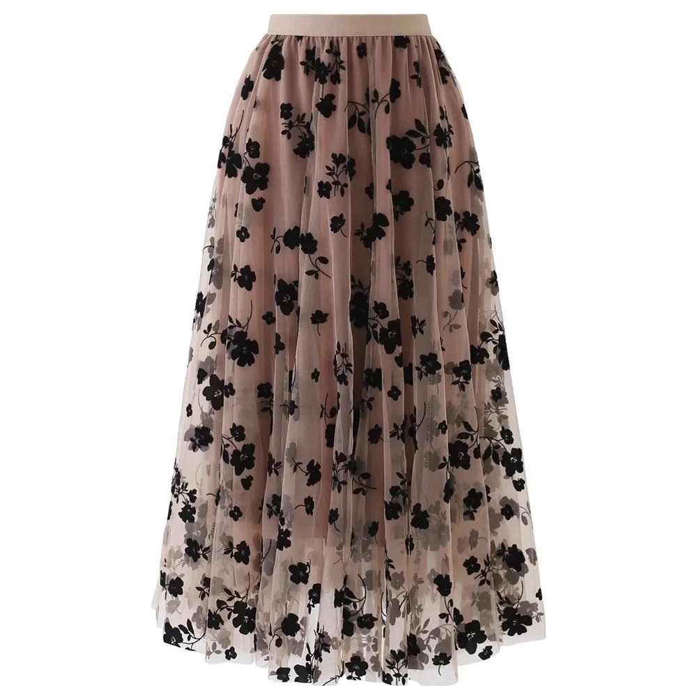 Chicwish 3D Posy Double-Layered Mesh Tulle Skirt XS Blush Floral Flocked Velvet